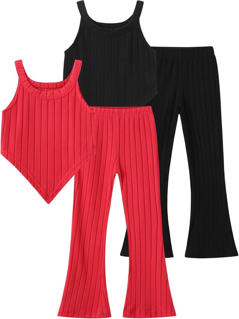 4 x 4 Piece Girls Heart-Shaped Clothing Sleeveless Ribbed Tank Tops and Flared Pants Summer Outfit 5-6Y (Red)