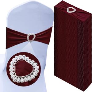50 Pcs Spandex Chair Sashes with Heart Shaped Buckle Slider Stretch Chair Cover Band Universal Elastic Chair Ties for Wedding Banquet Event Party Decoration(Burgundy)