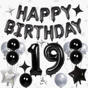 32 Inch 19 Balloon Numbers, Happy Birthday Balloons Banner 16 Inch Foil Letters Balloon Silver and Black Star Balloons for 19th Birthday Decorations for Boys Black Party Decorations