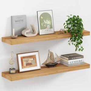 Floating Shelves, Deep USA-Sourced Rustic Elm Wood Wall Shelves for Storage, 8 Inch Deep Wall Mounted Display Shelving with Invisible Heavy-Duty Metal Bracket (Natural, 36" W x 8" D, Set of 2) (36"W, 2P, Usa-sourced Elm Wood Natural)