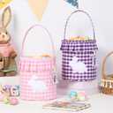 2 Pack Easter Basket with Bunny Name Tags Pink Purple Gingham Fabric with Embroidered Bunny Pattern Bucket with Handle and Ruffle Trim Reusable Rabbit Gift Bag for Easter Eggs Hunt Decorations