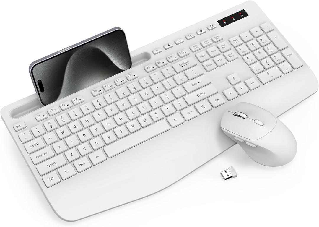 Wireless Keyboard and Mouse Combo - Full-Sized Ergonomic Keyboard with Wrist Rest, Phone Holder, Sleep Mode, Silent 2.4GHz Cordless Keyboard Mouse Combo for Computer, Laptop, PC, Mac, Windows,White (1 PACK)