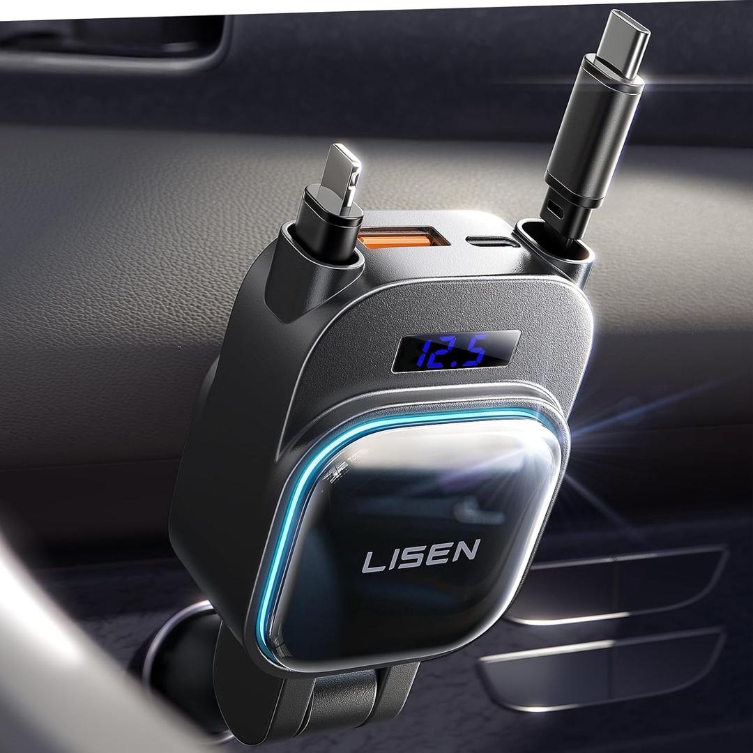 LISEN 96W USB C Retractable Car Charger Fast Charging for iPhone Samsung Galaxy Z Fold 7, 4 in 1 Fast Charging Retractable Car Charger with Voltage Detection & Ambient Lighting, for Cars Trucks