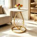 Round Side Table Small End Table Living Room Marble Top Coffee Accent Table, Gold Base