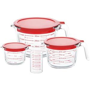KOMUEE Only 3 Piece Glass Measuring Cups Set, 5 Oz, 1-Cup, 2-Cup, 4-Cup Liquid Measuring Cups with Lids for Kitchen, Freezer and Microwave Safe