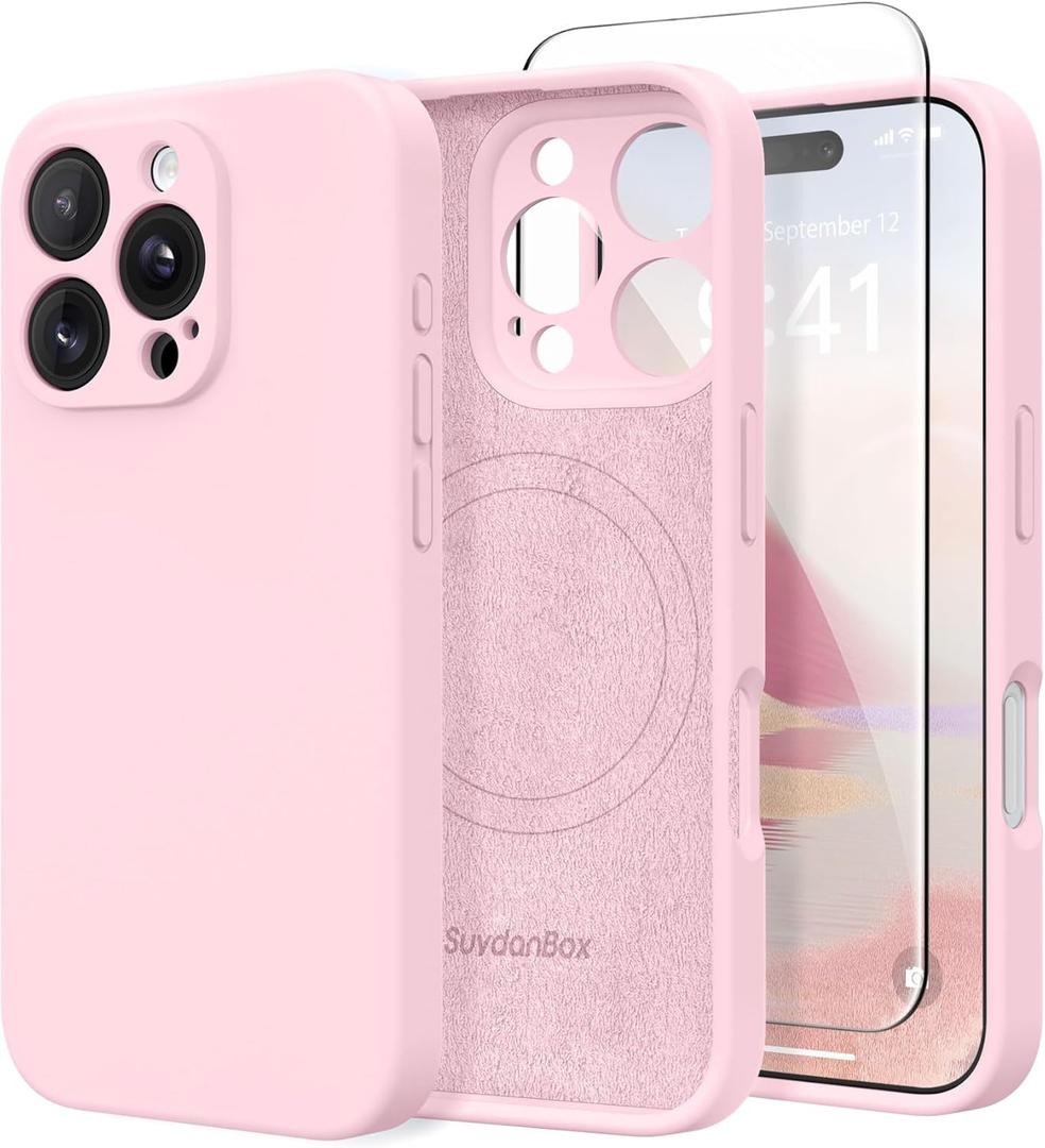 SuydanBox Magnetic for iPhone 16 Pro Max Case, Compatible with MagSafe, [Full Camera Protection][Screen Protector] Silicone Shockproof Protective Phone Case for iPhone 16 Pro Max 6.9", Chalk Pink