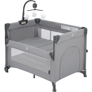 2-in-1 Baby Playard, Pack and Play Bassinet, Easy Folding Portable Crib with Music Mobile for Newborn to Toddlers (Grey)