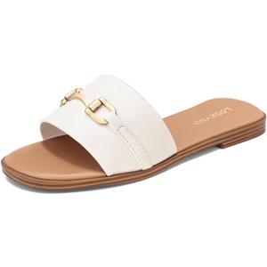 Womens Flat Sandals Dressy Square Open Toe Summer Slides Sandals Slip on Comfortable Leather Sandals for Women, Size 38