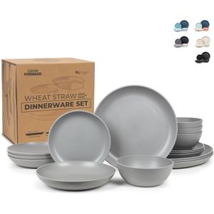 Grow Forward 16-piece Premium Wheat Straw Dinnerware Sets for 4 - Unbreakable Dishwasher & Microwave Safe Plastic Plates and Bowls Sets - Patio, Outdoors, RV, Camping Dishes - Feather