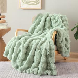 Smoofy Faux Fur Throw Blanket for Couch  Sage Fluffy Cozy Rabbit Fleece, Plush Soft Bubble Blanket for Sofa & Bed, for Mom, Warm Fuzzy Home Room Decor Throw 60" x 80"