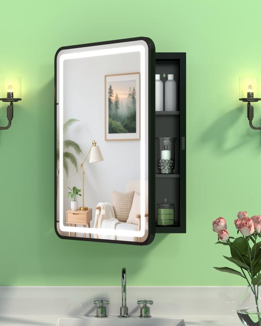 16x24 Inch LED Medicine Cabinet Mirror, Bathroom Mirror with Lights and Storage Wall Mounted & Recessed with Anti-Fog, Dimmable 3 Color Light with Memory, 2 Shelves & 1 Organizer Box, Left Hinge