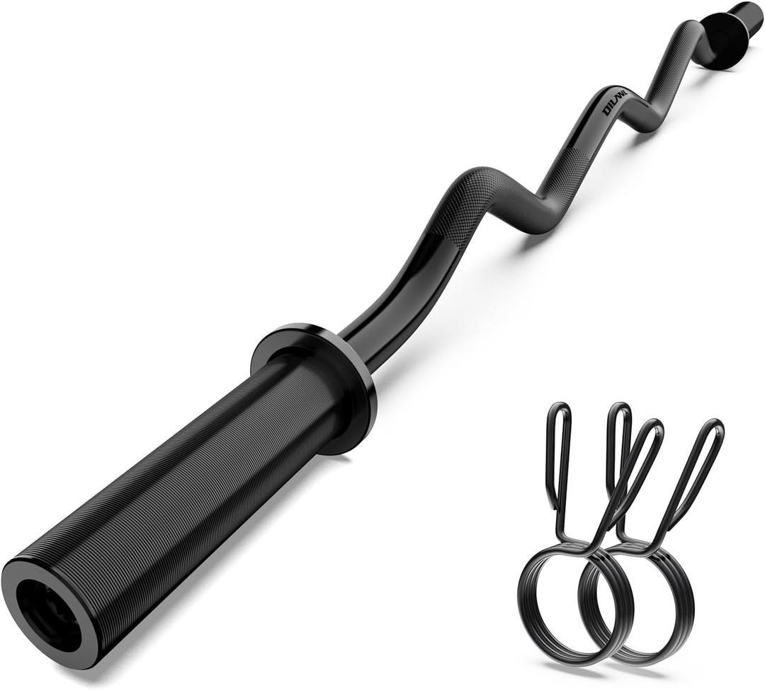 Olympic EZ Curl Barbell Bar, 47" Curl Bar for Weight Lifting, Home Gym Weight Bar- Strength Training,Squat,Hip Thrusts,Biceps, Chrome Curling for 2 Inch Plates -2 Spring Collars (Black)