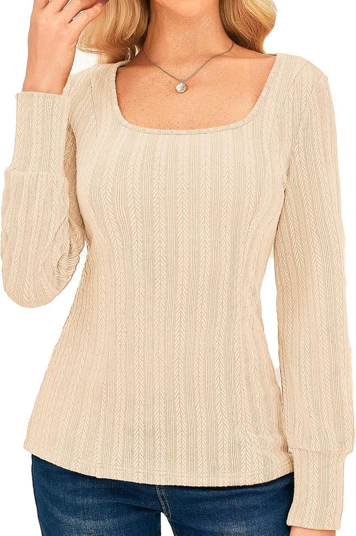 GRACE KARIN Womens Fall Long Sleeve Trendy Tops 2025 Square Neck Ribbed Casual Shirts Cozy Basic Sweater (M)