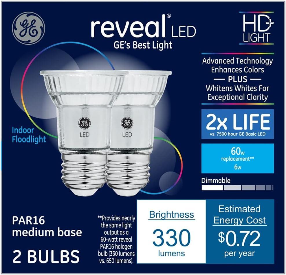 GE Reveal 2-Pack 60 W Equivalent Dimmable 3000K Color-Enhancing Par16 LED Light Fixture Light Bulbs