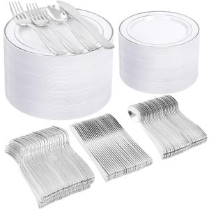 I00000 600pcs Silver Dinnerware Set for 100 Guests, Silver Plastic Plates Plastic Silverware Set of 100 Dinner Plates, 100 Salad Plates, 200 Forks, 100 Spoons,100 Knives for Party & Wedding