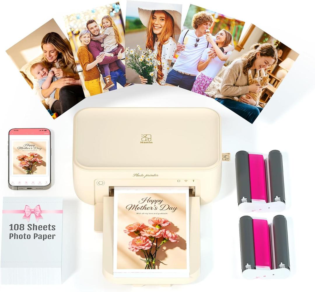 iDPRT 46 Photo Printer, Portable Color Picture Printer, Thermal Sublimation Mini Picture Printer, Bundle 108 Sheets Photo Paper & 2 Ribbon Cassette, Photo Printer for iPhone & Android