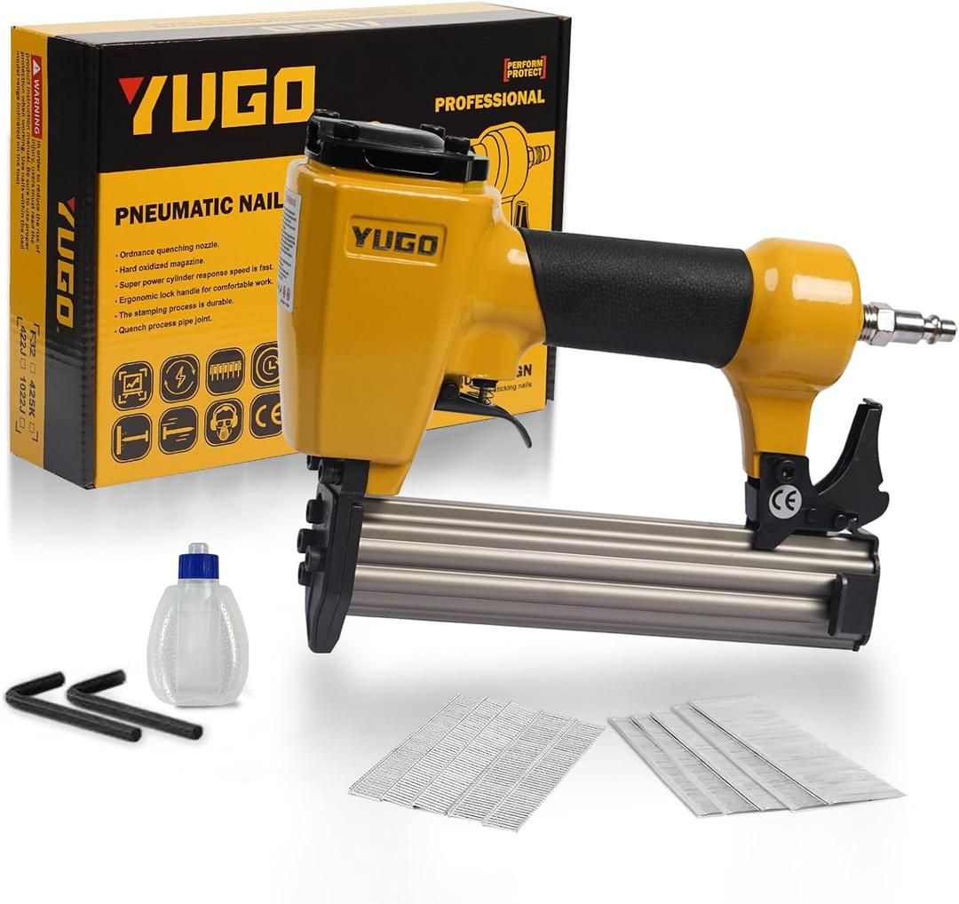 YUGO 18GA Pneumatic Brad Nailer, 3/8"1-1/4", Lightweight Pro-Preferred Air Nail Gun for Trim and Furniture F32-C3