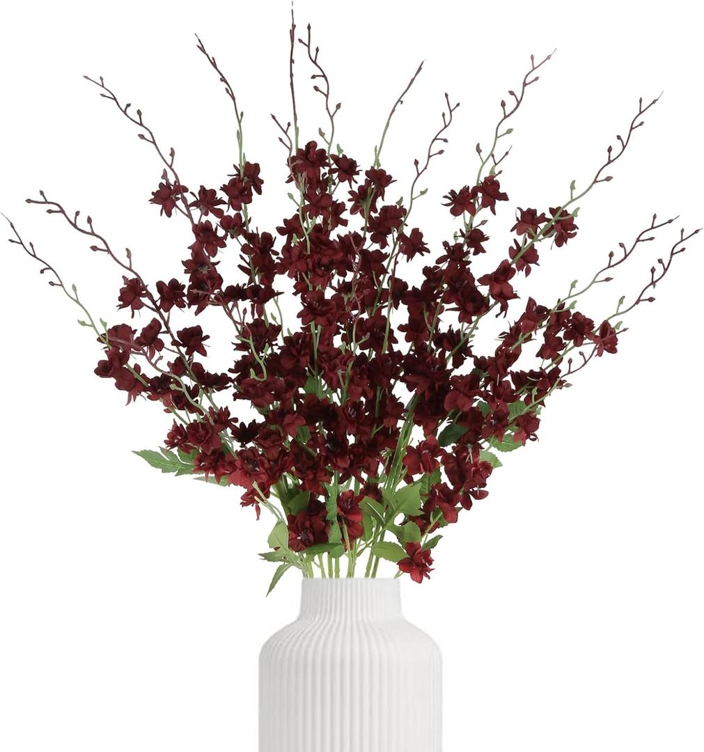 IPOPU 6PCS Burgundy Delphinium Artificial Flowers 42.5'' Realistic Silk Larkspur Flowers Long Stem Faux Hyacinth Flowers for Tall Vase Wedding Party Garden Home Decor (Burgundy)