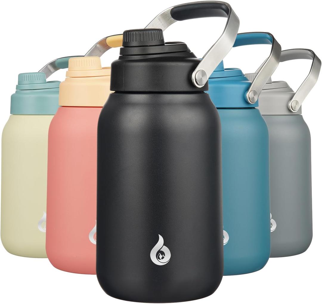 BJPKPK Half Gallon Insulated Water Bottles, 64oz Water Jug with Metal Handle & BPA Free Spout Lid, Dishwasher Safe Flasks, Large Stainless Steel Gym Sport Jugs, Black