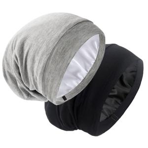 Silk Satin Lined Bonnet Sleep Cap - Adjustable Stay on All Night Hair Wrap Cover Slouchy Beanie for Curly Hair Protection for Women and Men - Black & Light Grey