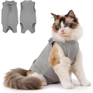 Avont Cat Recovery Suit Female Kitten After Spay Surgery, Breathable Modal Cotton Cat Onesie for Wound & Skin Disease Care, Machine Washable -Grey(L)