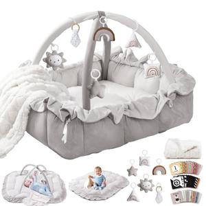 Mallify 5-in-1 Plush Baby Play Gym, Baby Play Mat, Convertible Baby Gym with Blanket and 6 Toys, Tummy time mat, Baby Activity Center from Newborn to Toddler, Baby Gym, Baby Newborn Essentials, Grey