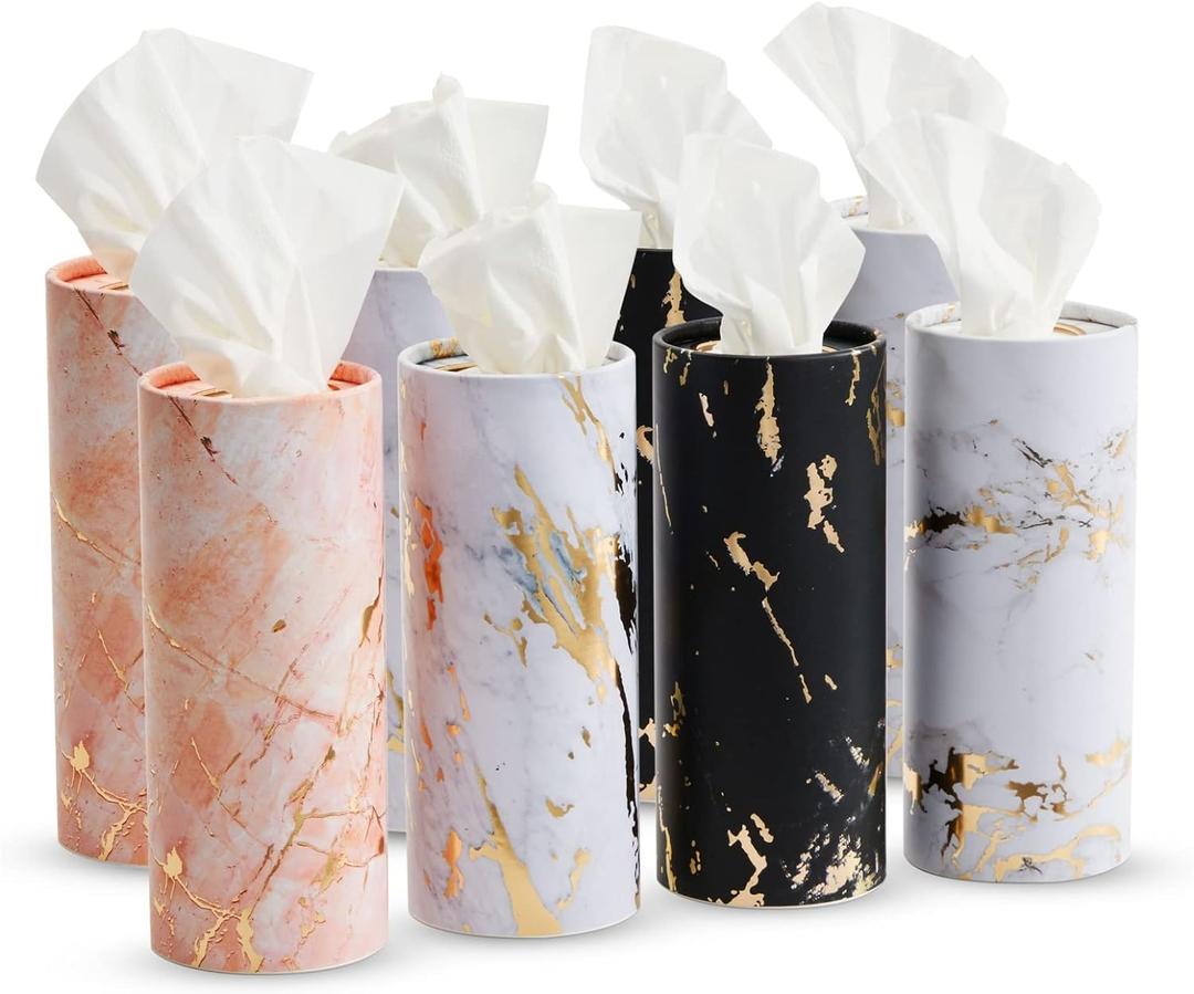 Zodaca 8-Pack Car Tissues Cylinder Boxes - Round Travel Wipes for Car Cup Holder (50 Tissues Per Container, Marble Design)