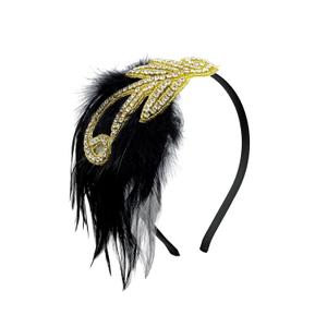 BABEYOND 1920s Flapper Headband Accessories Roaring 20s Feather Hair Band Vintage Gatsby Party Accessories (Black Gold)