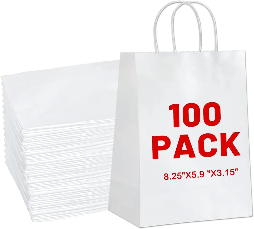 Gift Bags 8.25"x5.9 "x3.15" 100Pcs White Kraft Paper Bag with Handles for Small Business Christmas Bulk, Wedding, Party Favor, Shopping, Lunch, Halloween Trick-or-Treat Bags
