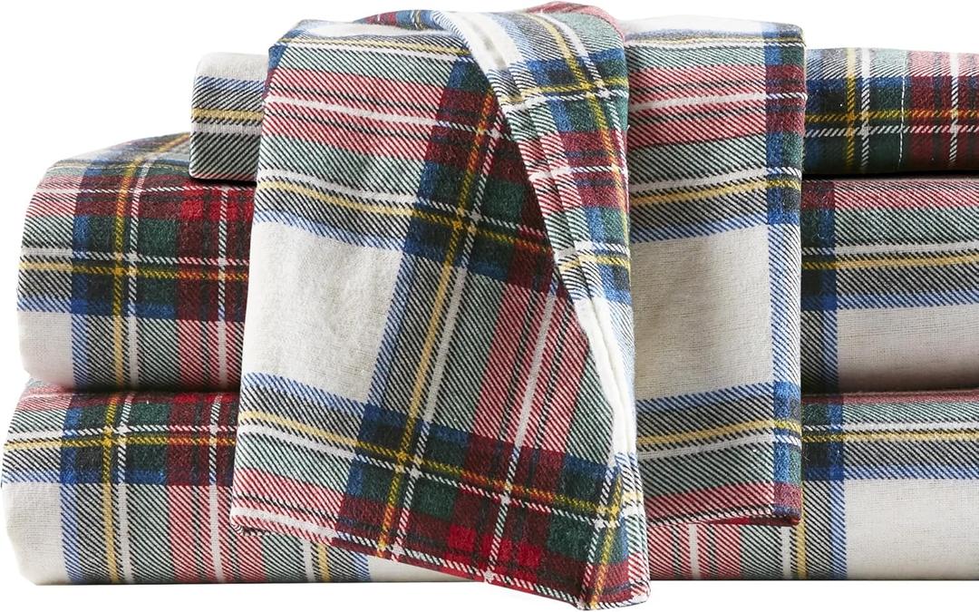 Comfort Spaces Cotton Flannel Breathable Warm Deep Pocket Sheets with Pillow Case Bedding, King, Red Plaid Scottish Plaid 4 Piece
