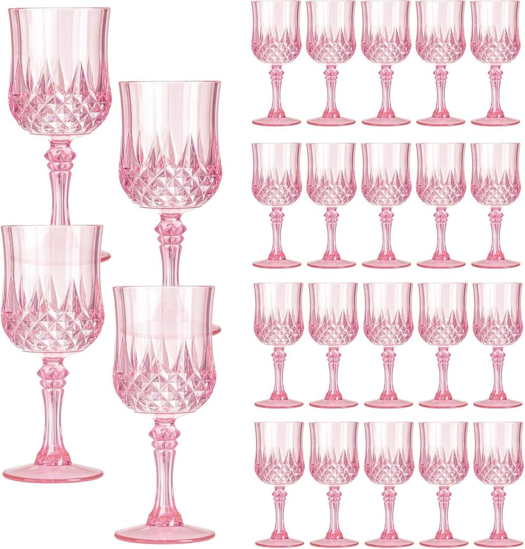 XKXKKE 24 Pcs Pink Plastic Wine Glasses, Plastic Water Goblets for Parties, Stemmed Drinking Glasses for Wedding Reception, Grand Event Party Bar Supplies Reusable Drinking Cups