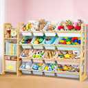 Kids Toy Storage Organizer with Bookshelf Wooden Shelf with 16 Bins & 3 Shelves, Quick Assembly Storage Rack for Playroom, Bedroom, Nursery Colorful