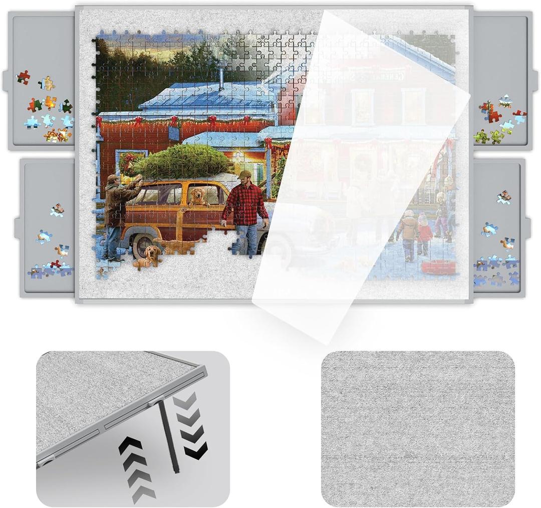 Puzzle Board 1500 Pieces,Jigsaw Puzzle Board with Adjustable Tilting Pole,Felt Surface and Cover,Grey Tilting Puzzle Board with Drawers