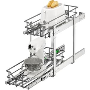 2 Tier Pull Out Cabinet Organizer - 8" W x 22" D Soft Close Slide Out Shelves with Shelf Liners - Pullout Drawers for Kitchen Cabinets, Pantry, Bathroom, Heavy Duty Steel Wire Baskets