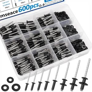 Smseace 600Pcs Stainless Steel Black Pop Rivets with Washer Assortment Kit 8-Sizes Stainless Rivets(1/8Inch 5/32Inch 3/16Inch) for Metal,Furniture,Automotive,Instruments