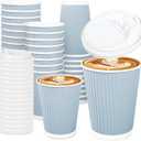 Whaline 100Pcs Light Blue Disposable Coffee Cups with Lids 12oz Solid Blue Paper Cups Corrugated Ripple Wall Insulated Hot Cups for Home Office Party Supplies