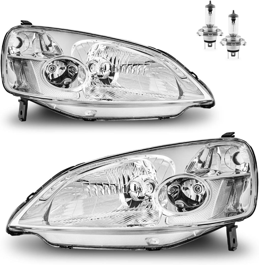 Headlights Assembly W/Bulbs for 2001-2003 Honda Civic 2/4Door | Headlights Assembly with High/Low Beam Bulbs, Headlamp Replacement, Chrome Housing Driver & Passenger Side