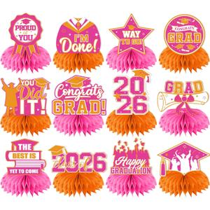 12Pcs Pink and Orange Graduation Decorations Honeycomb Centerpieces, Class of 2026 Graduation Centerpieces for Tables, Orange and Pink Congrats Grad Graduation Table Decorations Table Toppers