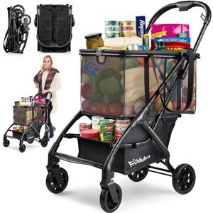 75Lbs Folding Shopping Cart, Collapsible Grocery Cart with Removable Basket & Wheels, Single Handed Folding Lightweight Portable Personal Shopping Utility Carts for Groceries, Luggage etc.