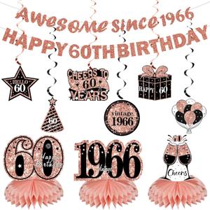 Kuxriox 11Pcs 60th Birthday Decorations Kit for Women, Rose Gold Happy 60th Birthday Banner, Awesome Since 1966 Centerpieces Swirls Party Supplies, Sixty Bday Banner Ceiling Table Topper Sign