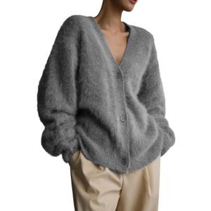 chouyatou Women Furry Open Front Cardigan V-Neck Loose Casual Fluffy Knit Button Down Sweater Coat (Large, Dark Grey)