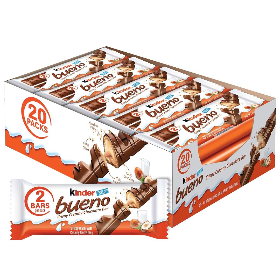 Kinder Bueno Milk Chocolate Bars with Crispy Wafer and Hazelnut Cream, 20 Count, 2 Bars per Pack, 1.5 oz Each (EXP 07/20/26)