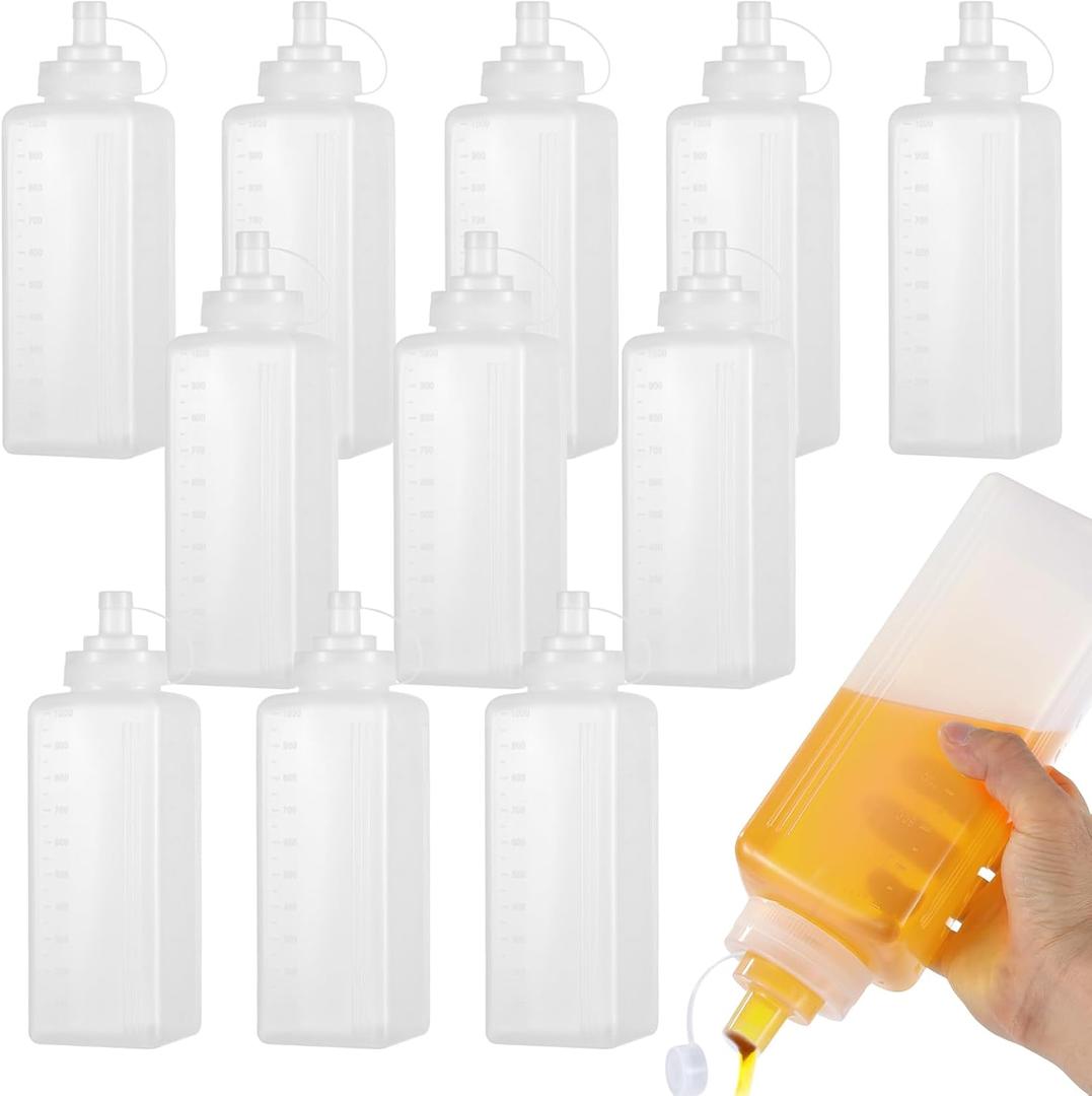 12 Pack 1 QT Large Condiment Squeeze Bottle for Sauses, 34oz Wide Mouth Liquids Dispenser Bottles with Lid, For Ketchup, Taco, Marinara, Pasta, BBQ, Spaghetti, Tomato Sauce, Restaurant-Grade Design