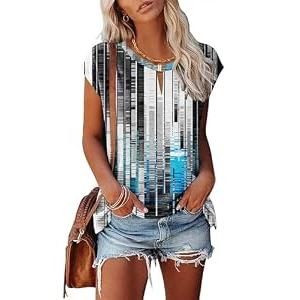 Kistore Womens Summer Casual V Neck Cap Sleeve Keyhole Tops Short Sleeve Business Work Tunic Blouses T-shirts Technological Blue and White X-Large