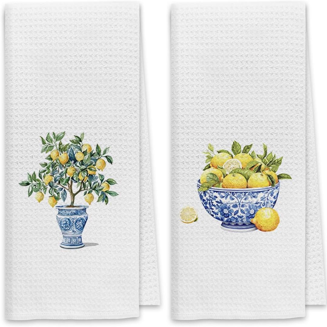 Dibor Chinoiserie Kitchen Towels Dish Towels Dishcloth Set of 2, Lemon Tree Decor Kitchen Towels, Blue and White Porcelain Decorative Absorbent Drying Cloth Hand Towels for Bathroom Kitchen