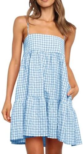 Wenrine Womens Summer Plaid Mini Dress Casual Spaghetti Strap Sleeveless A Line Beach Sundress with Pockets Size XL