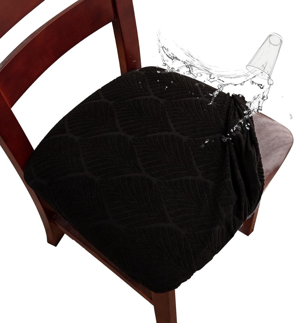Genina Waterproof Dining Room Chair Cover Set of 6, Stretch Jacquard Seat Covers for Dining Room Chairs, Kitchen Parsons Chair Covers Slipcover Protector (Black)