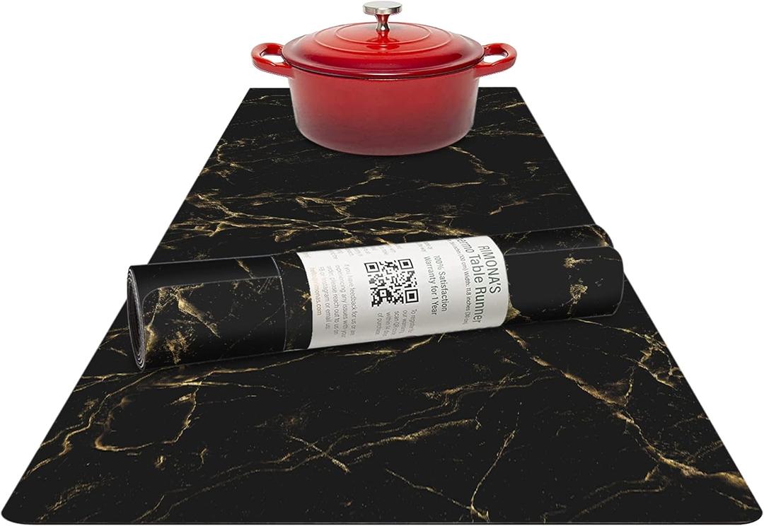 RIMONA'S Thermo Heat Resistant Table Runner and Trivet for Hot Dishes - Waterproof Hot Plates to Protect Table and Countertop - Kitchen & Dining 350F Heat Protector 40" - Black Golden Marble