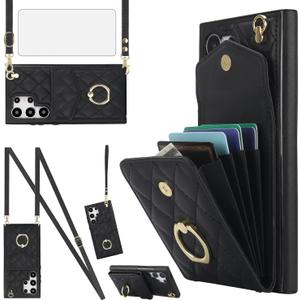 Asuwish Phone Case for Samsung Galaxy S24 Ultra 5G Wallet Cover with Tempered Glass Screen Protector and Wrist Strap Ring RFID Blocking Card Holder Leather Cell S24Ultra 24S S 24 24Ultra Women Black