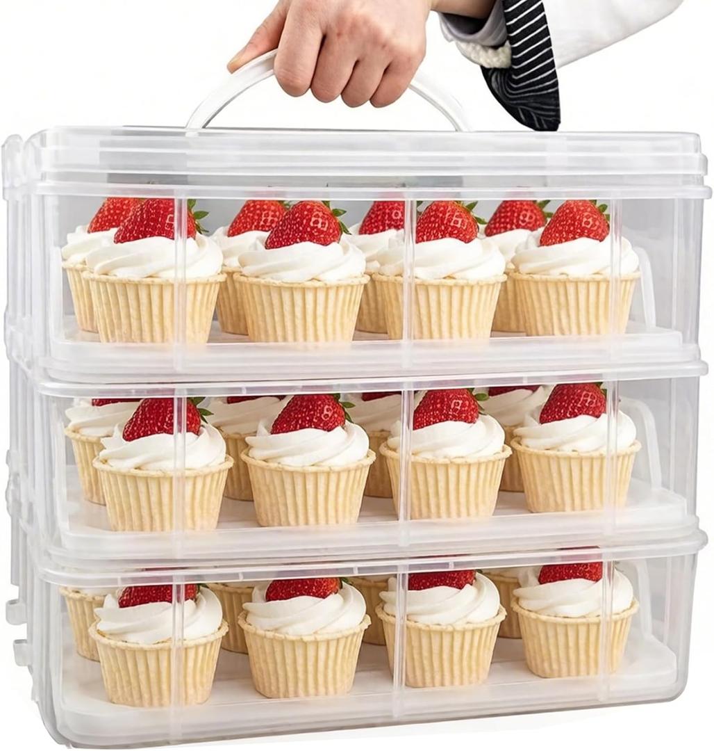 FEOOWV 3 Tier Cupcake Carrier with Lid,Holds 36 Cupcakes or 3 Large Cakes Food Transporter Container with 3 Tier Stackable Layer Insert
